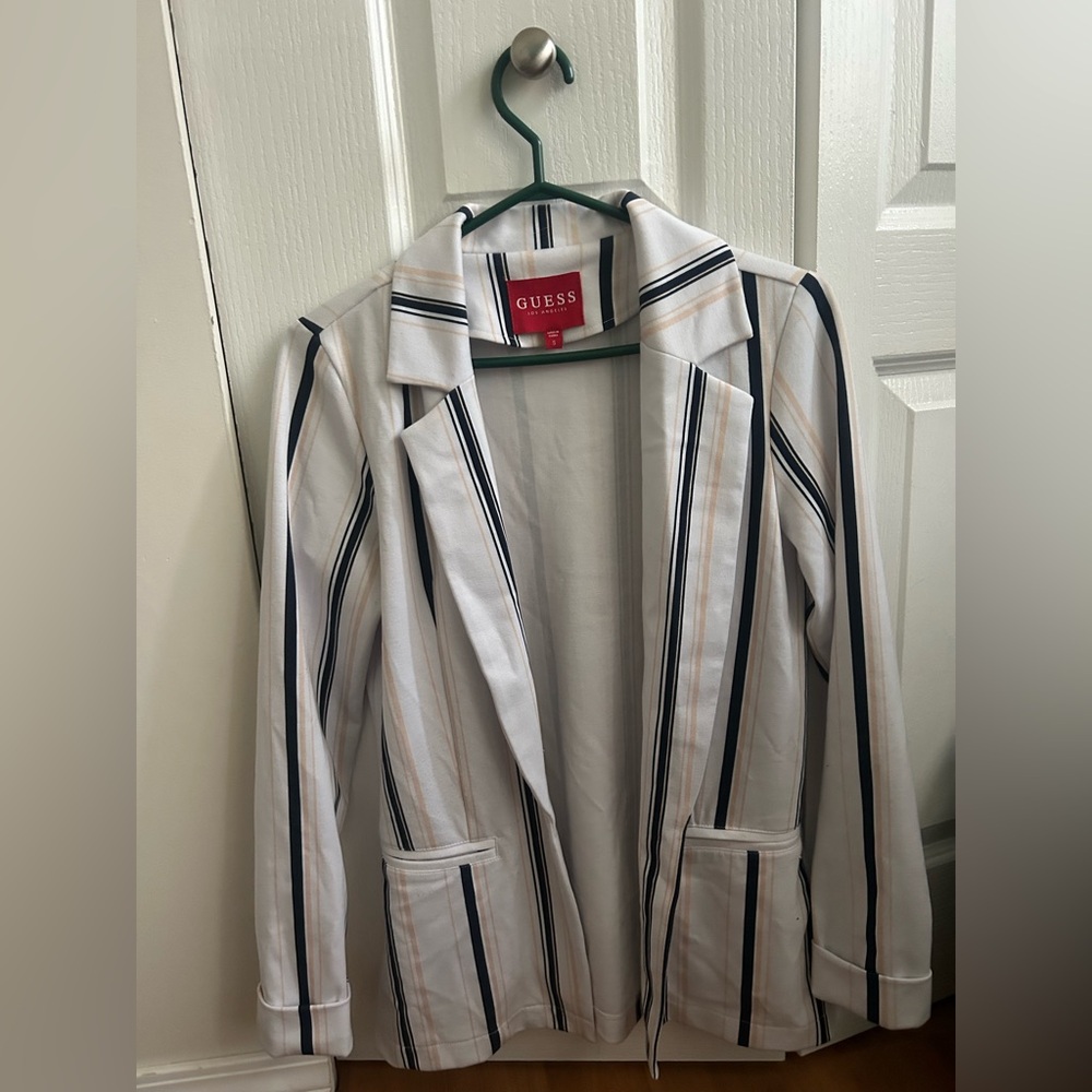 Guess Small white pink and navy pinstriped blazer